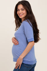 Blue Terry Striped Raglan Sleeve Maternity Top