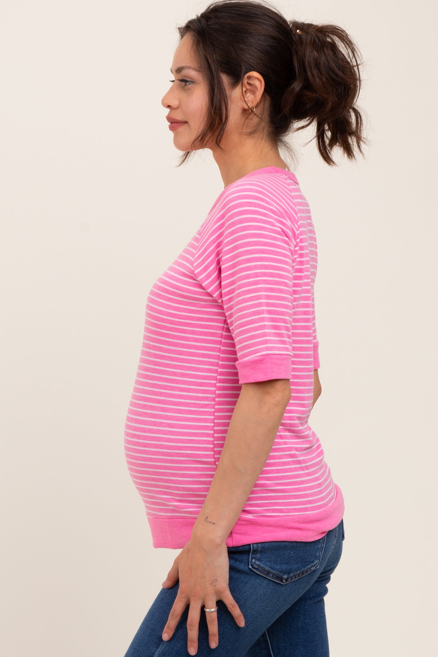 Pink Terry Striped Raglan Sleeve Maternity Top