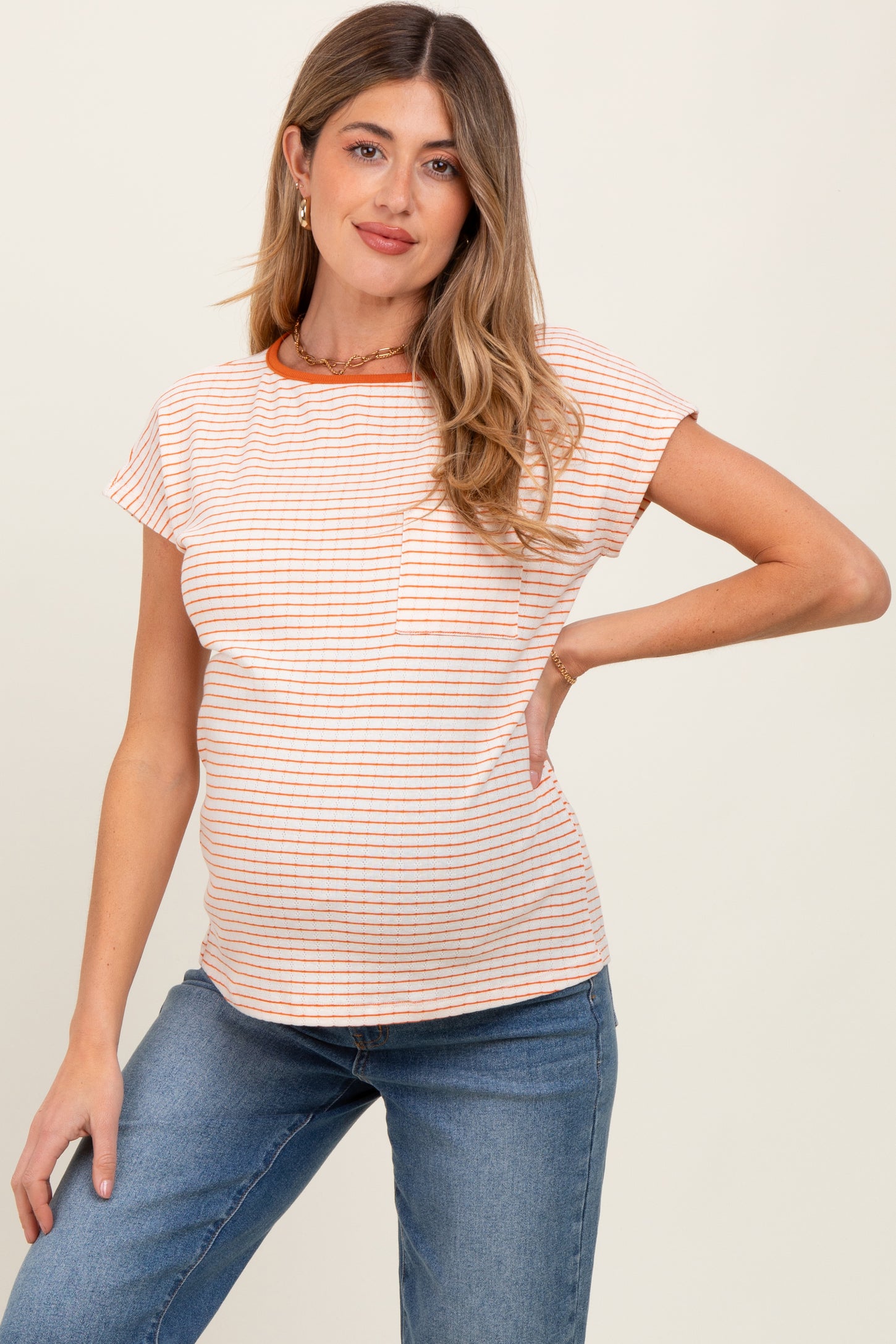 Orange Striped Knit Maternity Short Sleeve Top