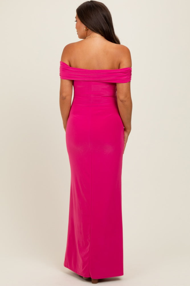 Fuchsia Off Shoulder Seashell Pendant Maternity Maxi Dress