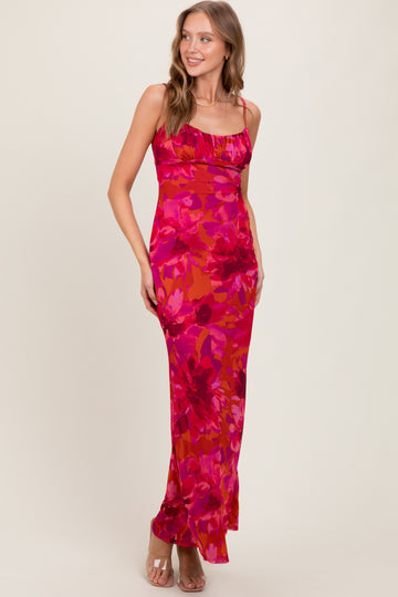 Magenta Floral Back Cutout Midi Dress