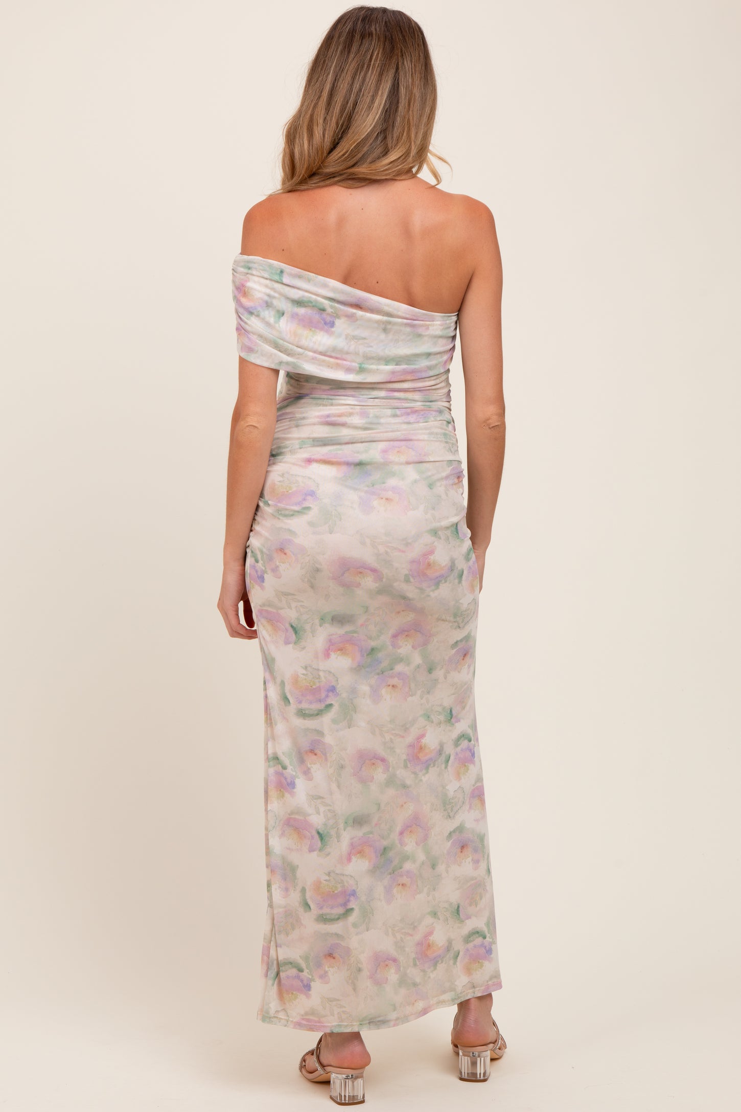 Cream One Shoulder Ruched Maternity Maxi Dress