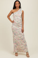 Cream One Shoulder Ruched Maternity Maxi Dress