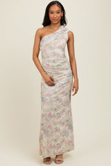 Cream One Shoulder Ruched Maxi Dress