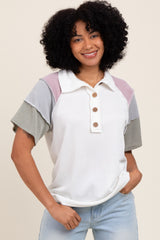 Ivory Solid Ribbed Color Block Button Down Short Sleeve Top