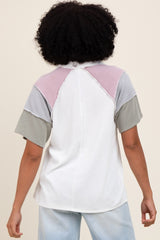 Ivory Solid Ribbed Color Block Button Down Short Sleeve Top