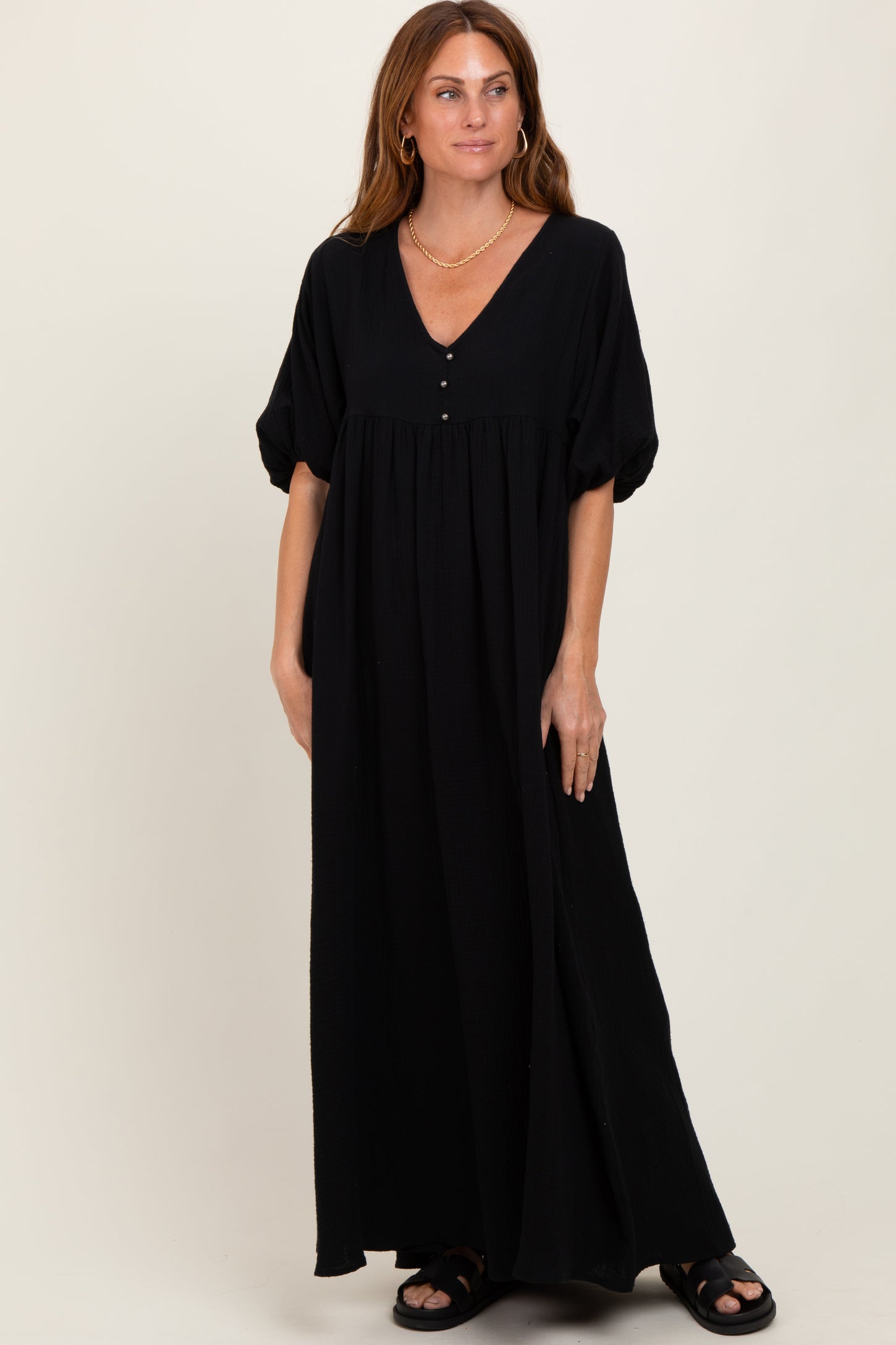 Black Solid Woven Elbow Sleeve V-Neck Button Down Maxi Dress