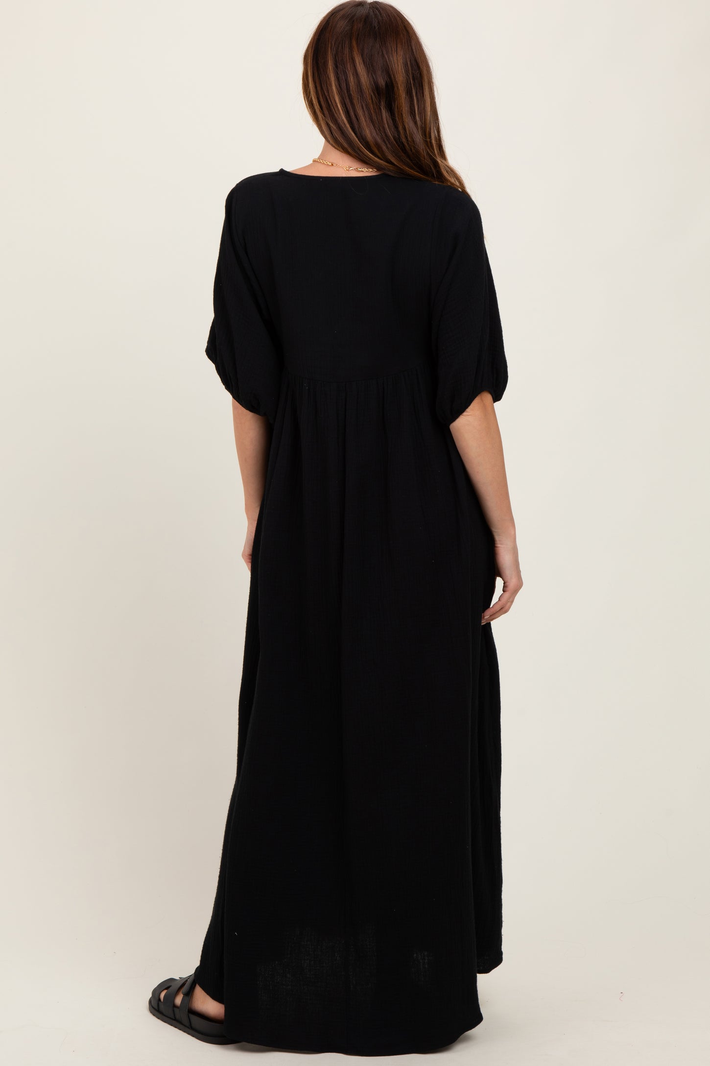 Black Solid Woven Elbow Sleeve V-Neck Button Down Maxi Dress