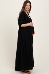 Black Solid Woven Elbow Sleeve V-Neck Button Down Maternity Maxi Dress