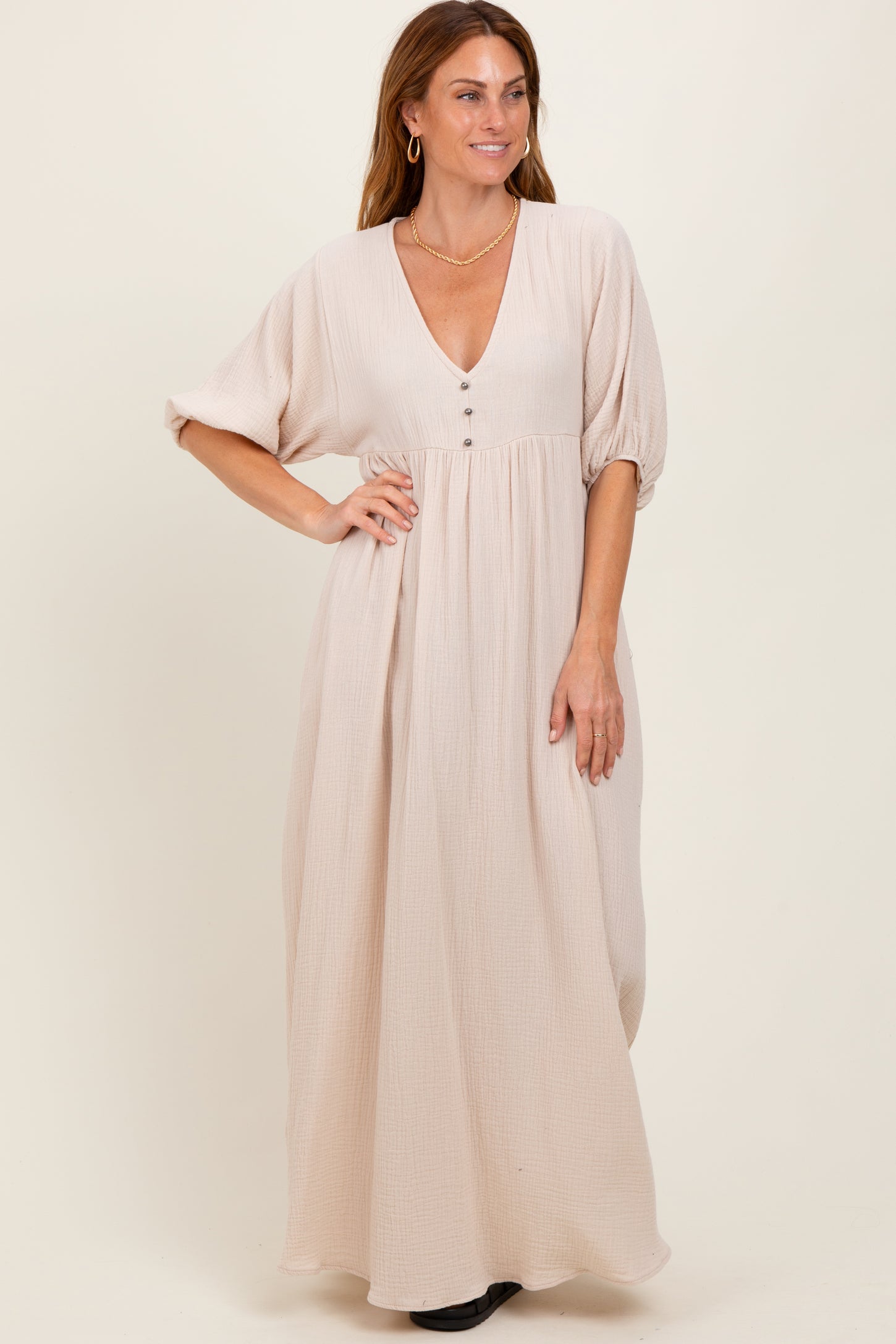 Beige Solid Woven Elbow Sleeve V-Neck Button Down Maxi Dress