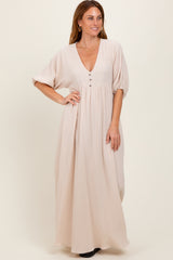 Beige Solid Woven Elbow Sleeve V-Neck Button Down Maxi Dress