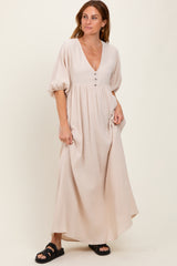 Beige Solid Woven Elbow Sleeve V-Neck Button Down Maxi Dress