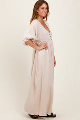 Beige Solid Woven Elbow Sleeve V-Neck Button Down Maxi Dress