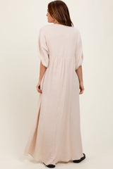 Beige Solid Woven Elbow Sleeve V-Neck Button Down Maxi Dress