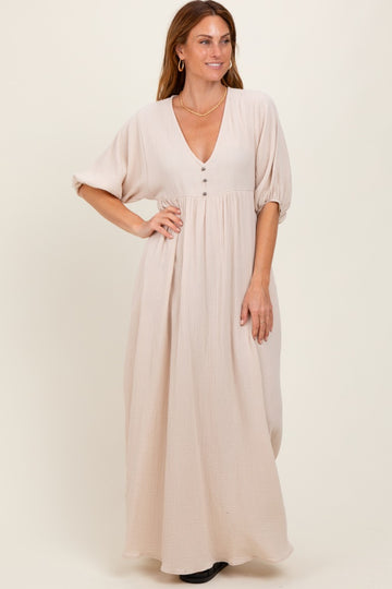 Beige Solid Woven Elbow Sleeve V-Neck Button Down Maxi Dress