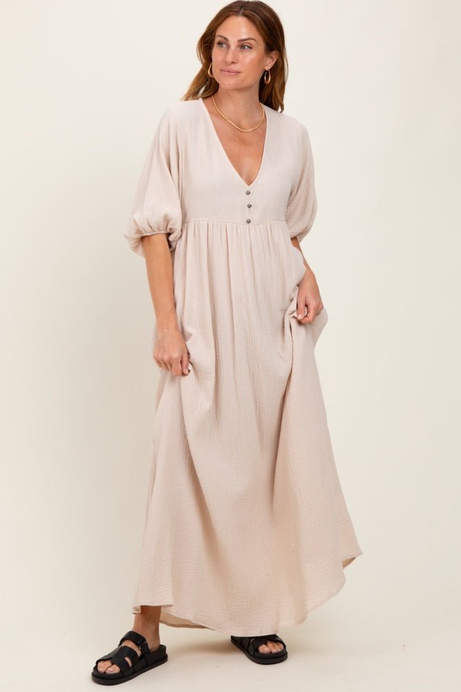 Beige Solid Woven Elbow Sleeve V-Neck Button Down Maternity Maxi Dress