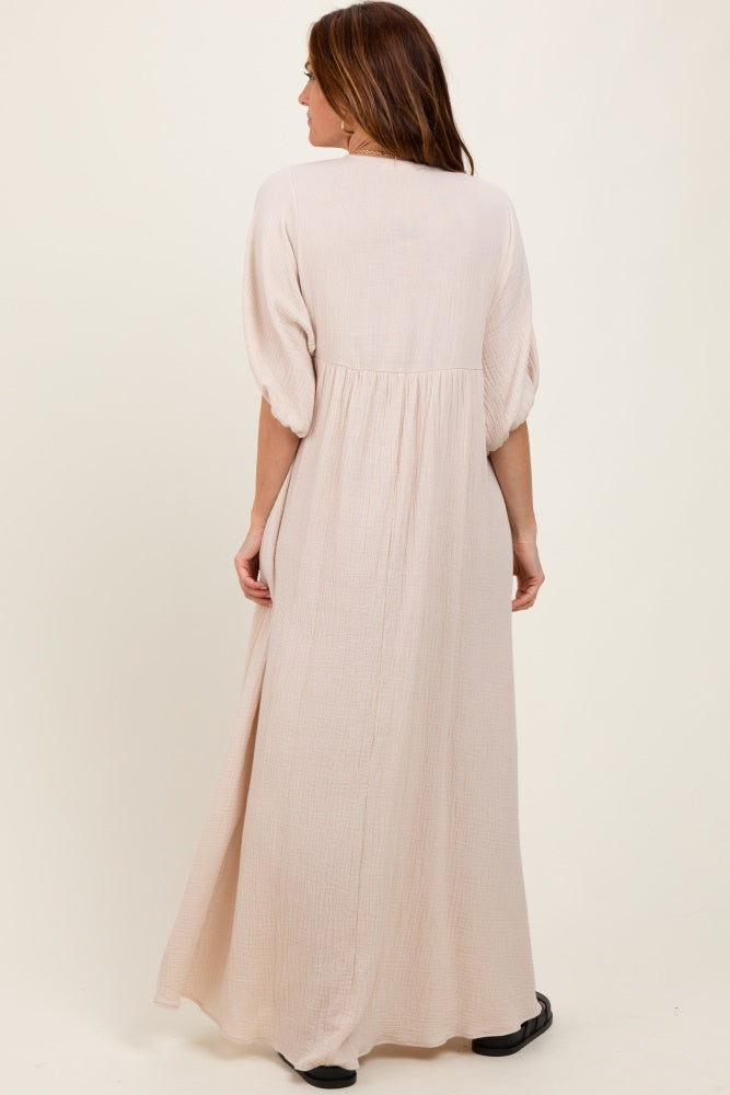 Beige Solid Woven Elbow Sleeve V-Neck Button Down Maxi Dress