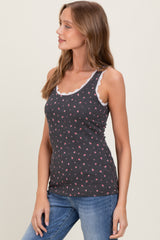 Charcoal Ditzy Floral Ribbed Sleeveless Lace Trim Tank Top