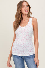 Ivory Ditzy Floral Ribbed Sleeveless Lace Trim Tank Top