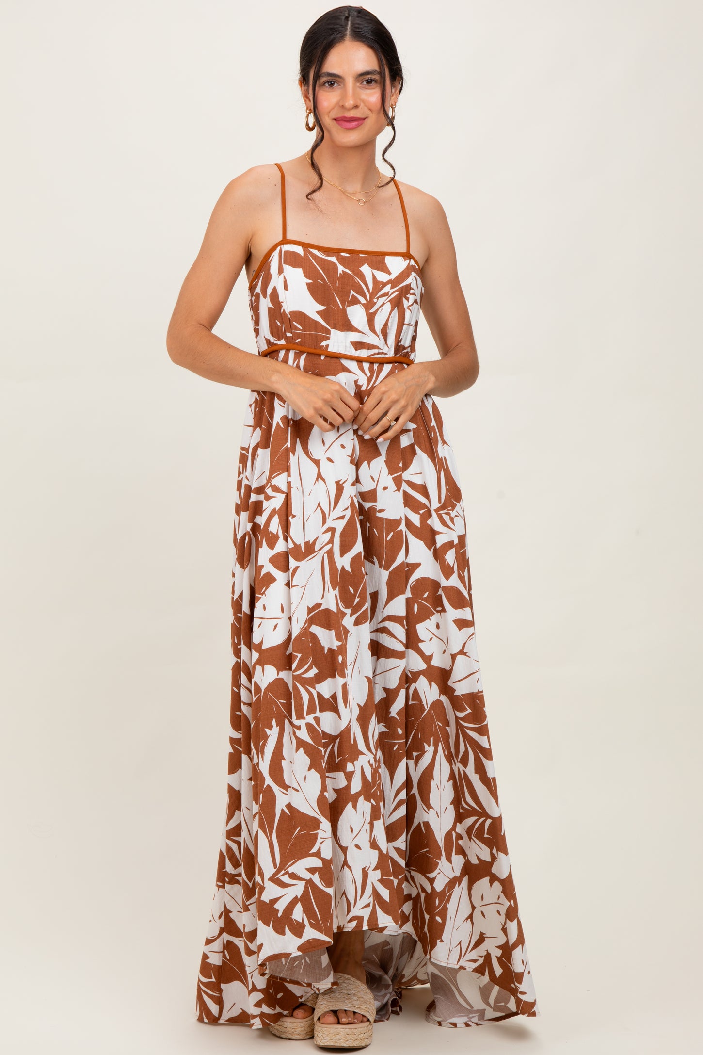 Mocha Vintage Floral Smocked Top Sleeveless Maternity Maxi Dress