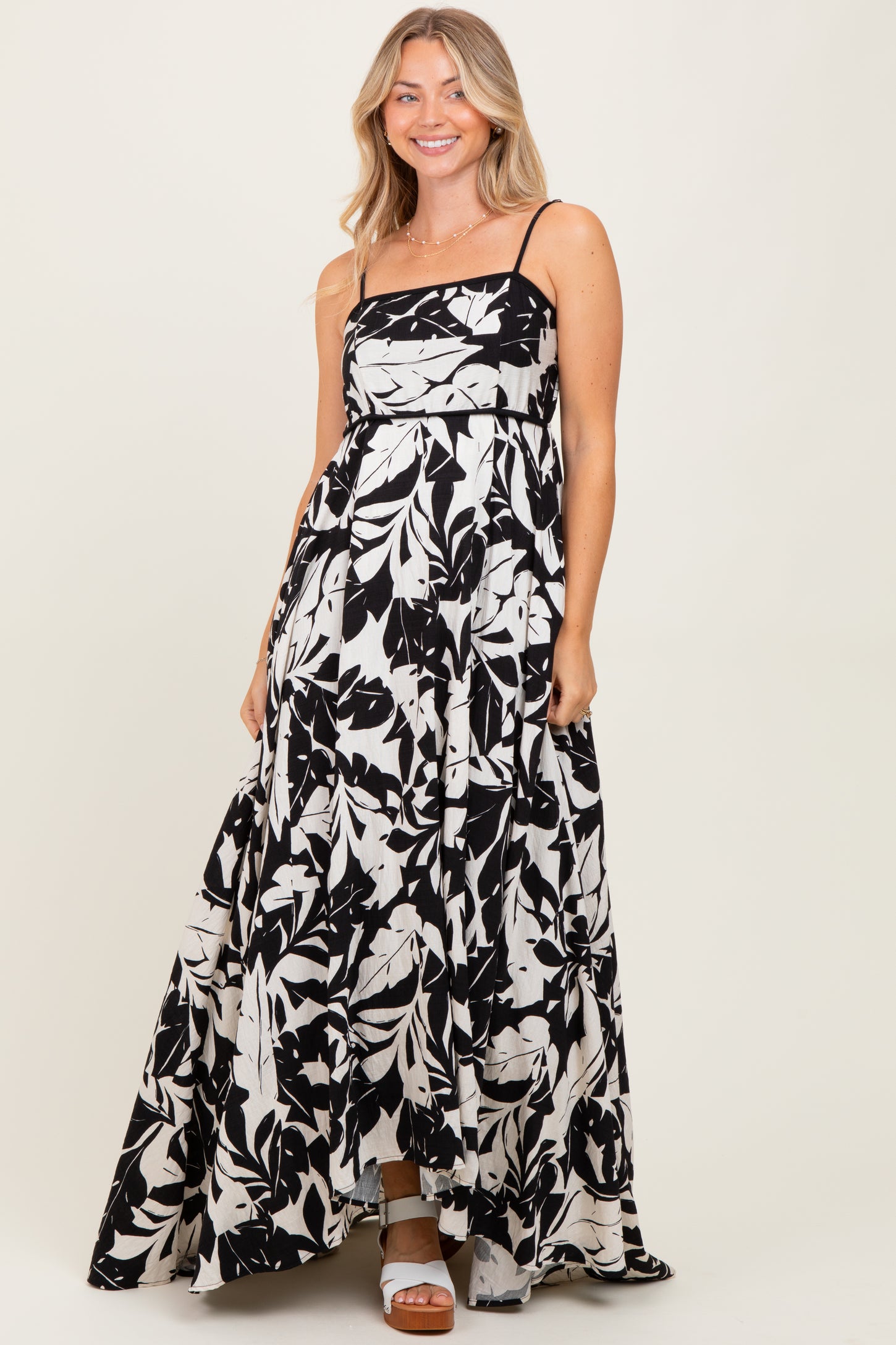 Black/ White Vintage Floral Smocked Top Sleeveless Maxi Dress