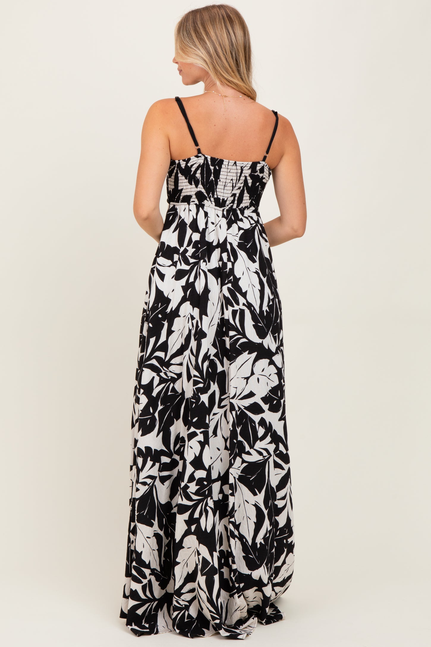 Black/ White Vintage Floral Smocked Top Sleeveless Maxi Dress