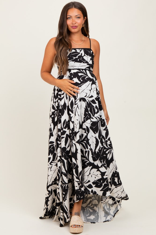 Black/ White Vintage Floral Smocked Top Sleeveless Maternity Maxi Dress