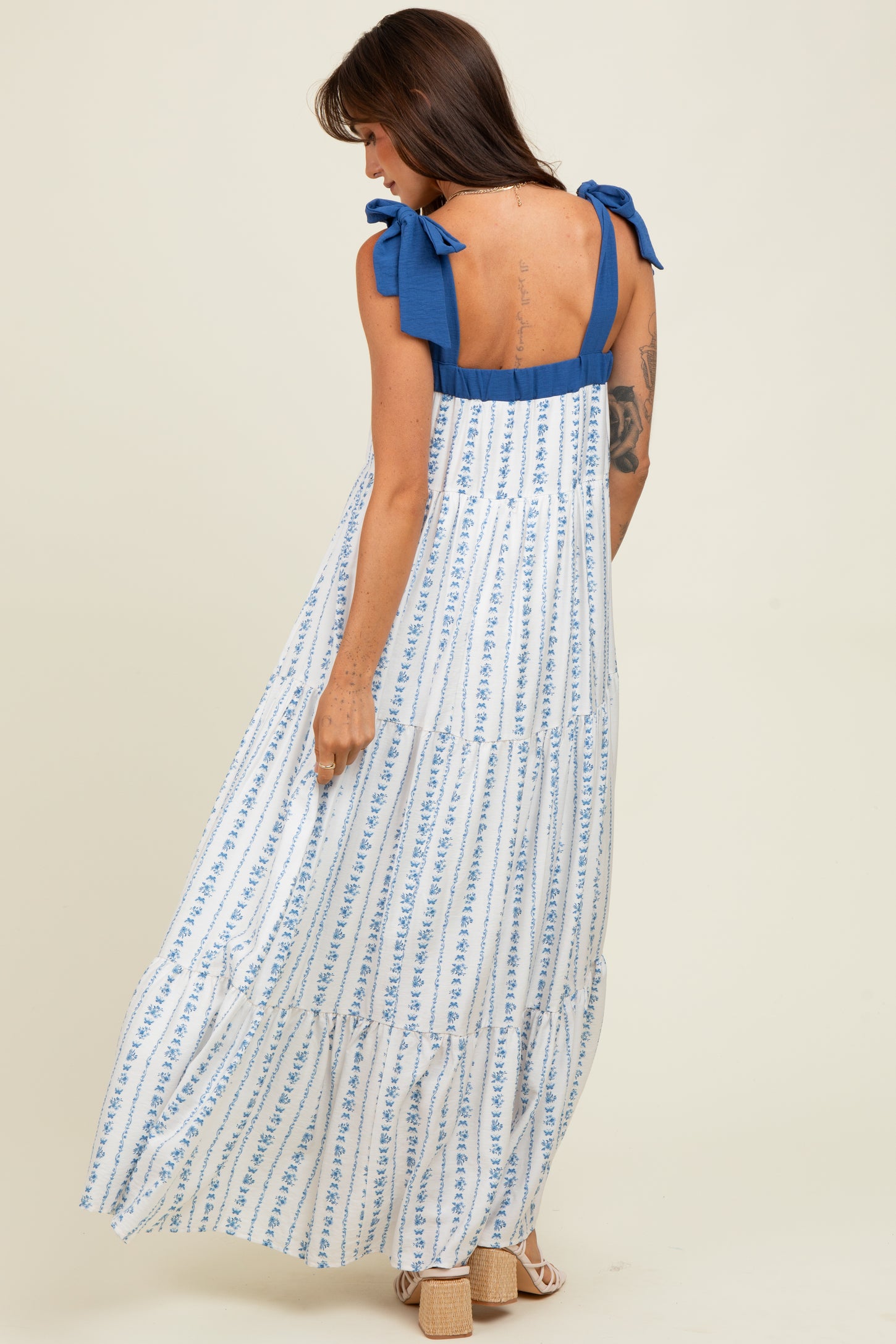 Blue/White Ditzy Floral Sleeveless Tiered Maxi Dress