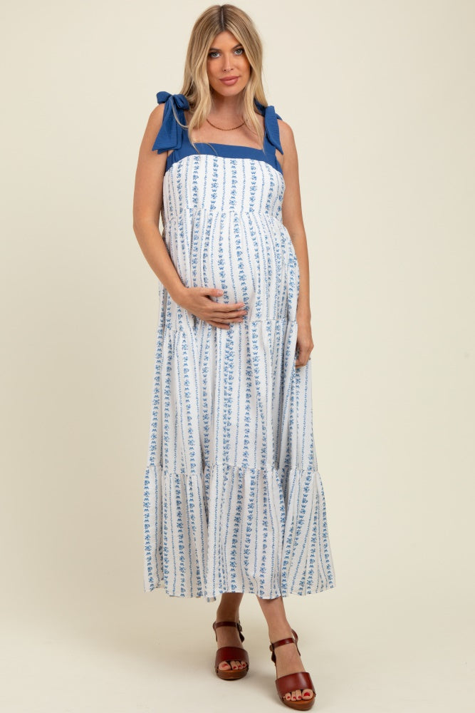 Blue/White Ditzy Floral Sleeveless Tiered Maternity Maxi Dress