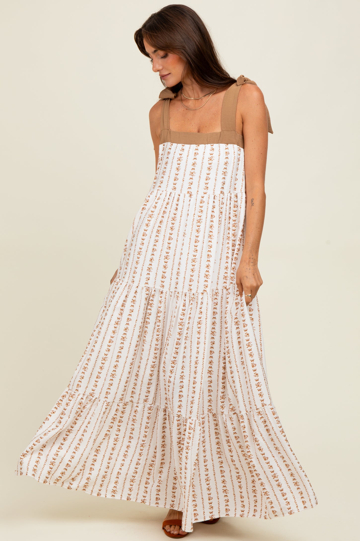 Mocha/White Ditzy Floral Sleeveless Tiered Maxi Dress