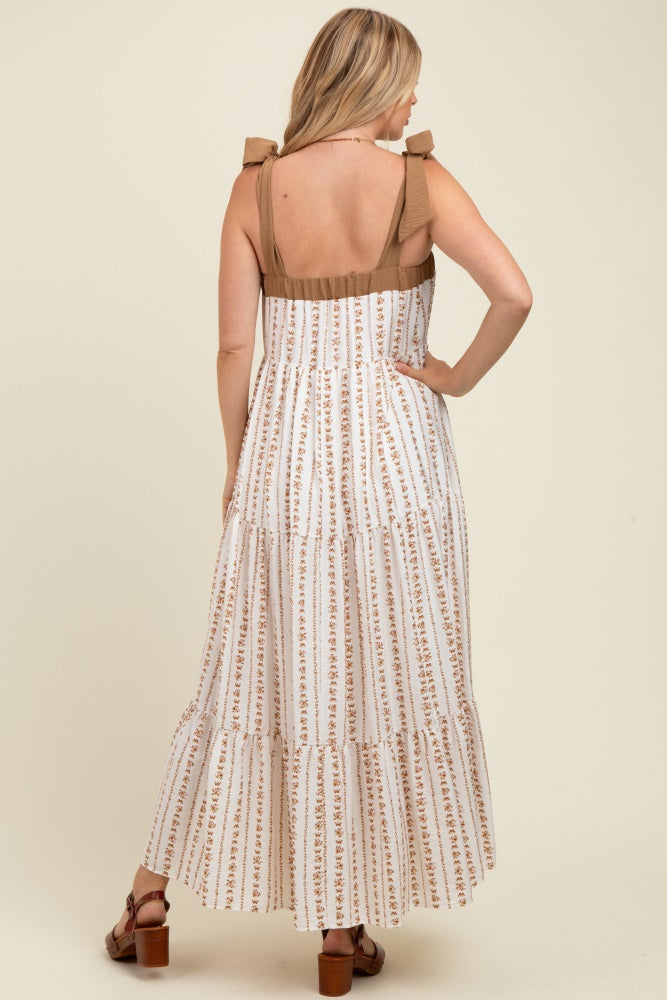 Mocha/White Ditzy Floral Sleeveless Tiered Maternity Maxi Dress