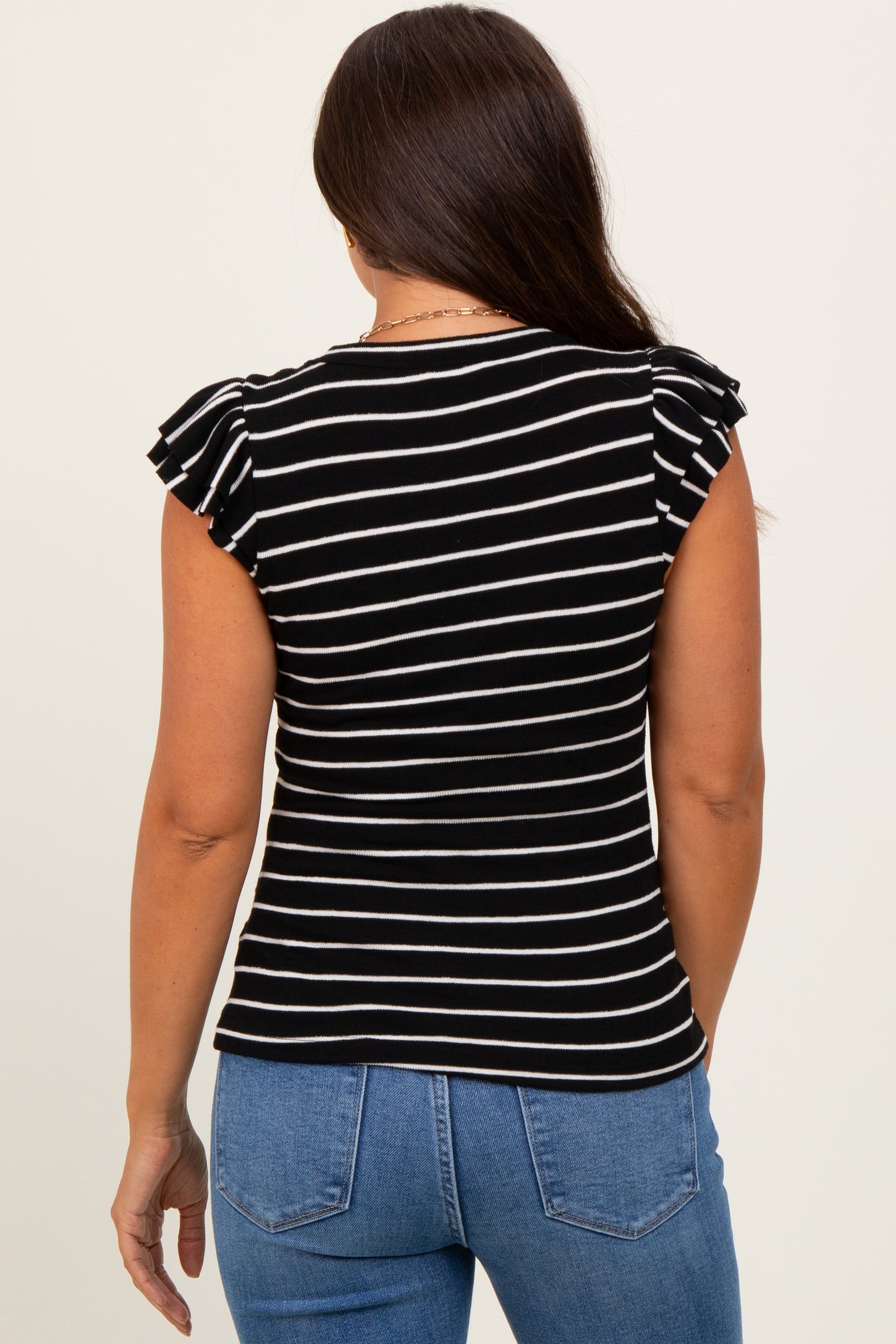 Black/Ivory Stripe Ribbed Ruffle Sleeve V-Neck Maternity Top