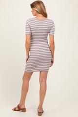 Light Taupe Striped Ribbed Knit Short Sleeve Maternity Mini Dress