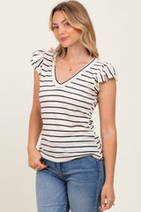 Ivory/Black Stripe Ribbed Ruffle Sleeve V-Neck Top