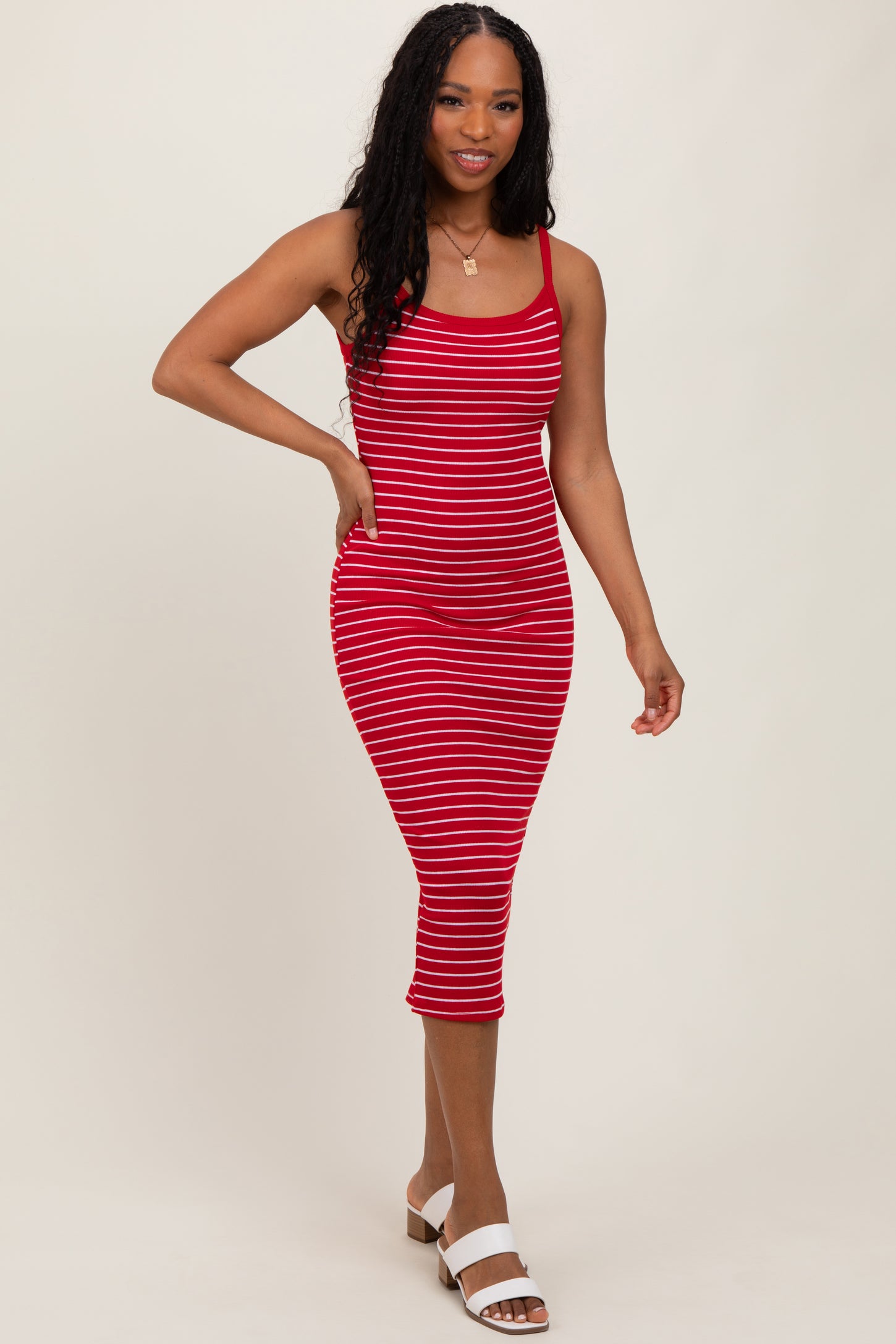 Red Striped Thin Strap Fitted Midi Dress PinkBlush Red Striped Thin Strap Fitted Midi Dress PinkBlush