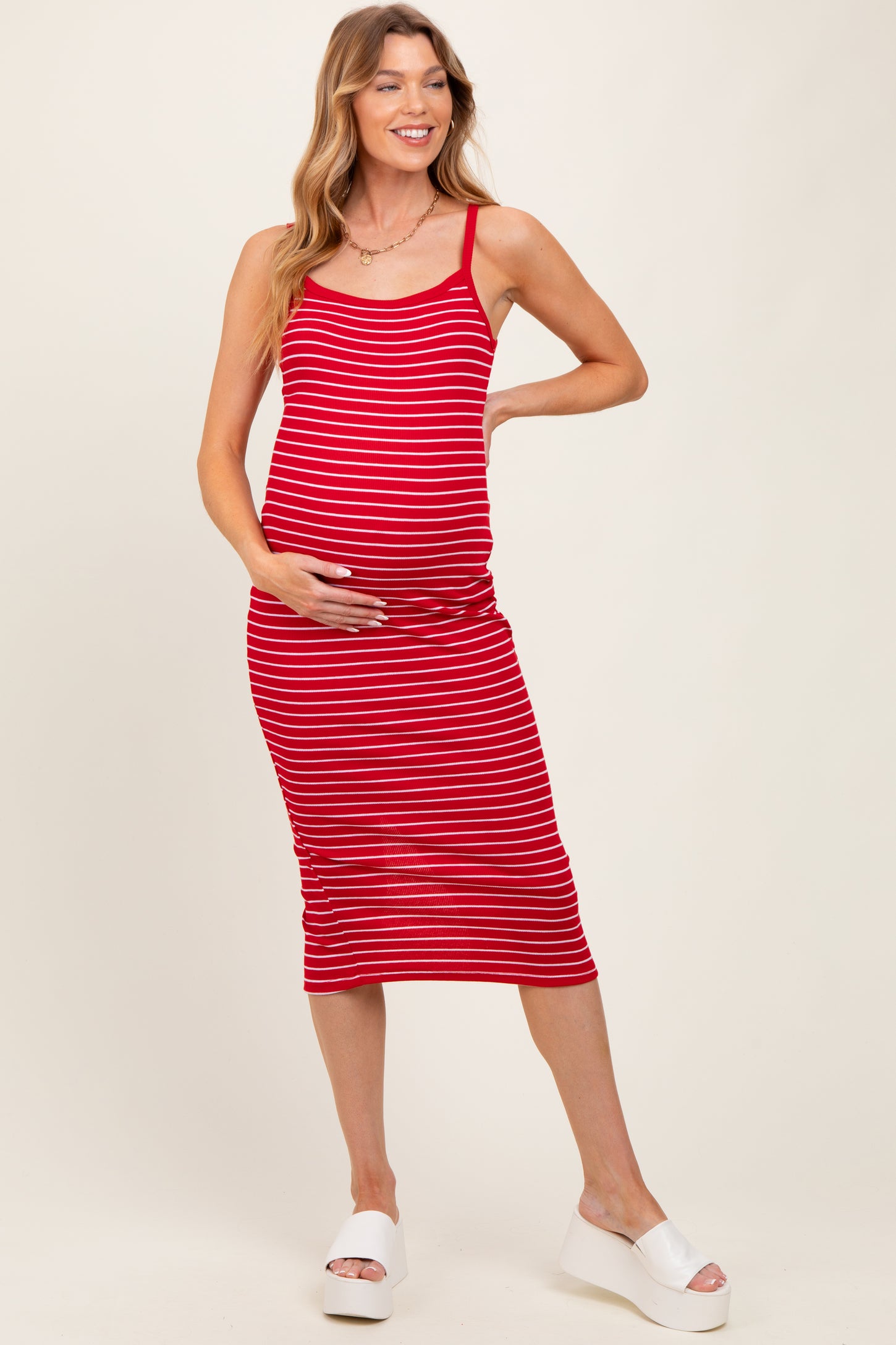 Red Striped Thin Strap Fitted Maternity Midi Dress