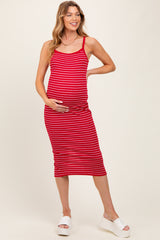 Red Striped Thin Strap Fitted Maternity Midi Dress