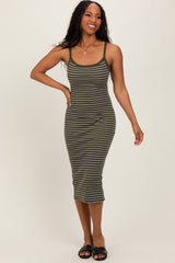 Olive Striped Thin Strap Fitted Maternity Midi Dress