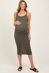 Olive Striped Thin Strap Fitted Maternity Midi Dress