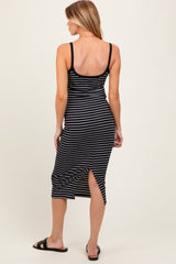 Black Striped Thin Strap Fitted Maternity Midi Dress