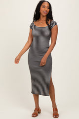 Black Striped Off Shoulder Side Slit Midi Dress