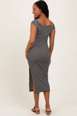 Black Striped Off Shoulder Side Slit Midi Dress