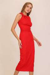 Red Textured Shoulder Detail Midi Dress