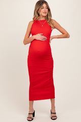 Red Textured Shoulder Detail Maternity Midi Dress