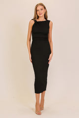 Black Textured Shoulder Detail Maternity Midi Dress