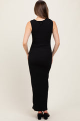 Black Textured Shoulder Detail Maternity Midi Dress