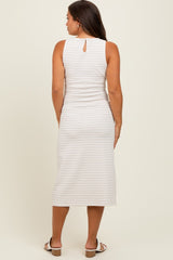Light Taupe Striped Dot Maternity Midi Dress