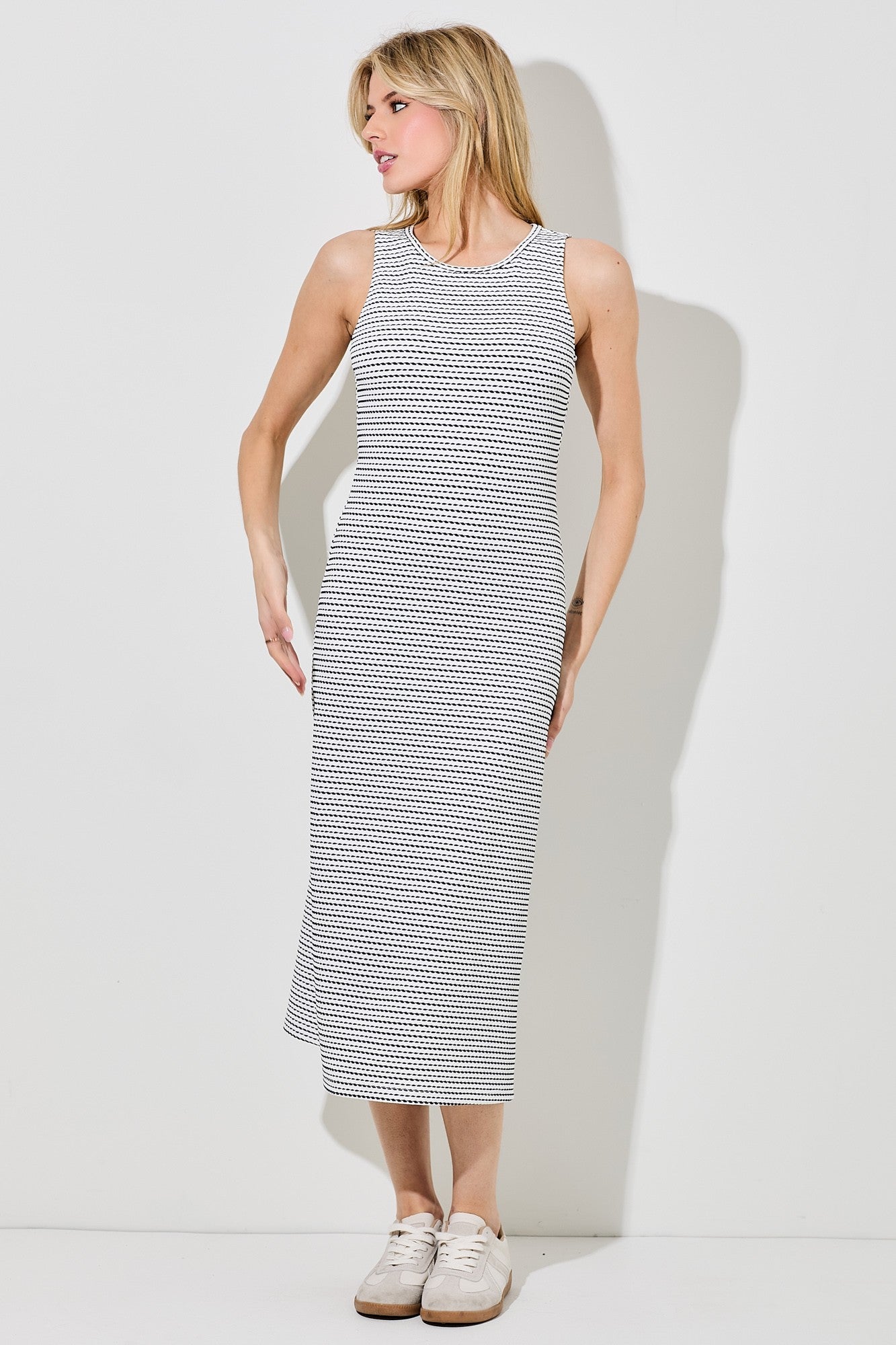 Navy Striped Dot Midi Dress