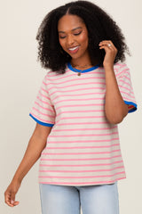 Pink Striped Contrast Trim Short Sleeve Tee