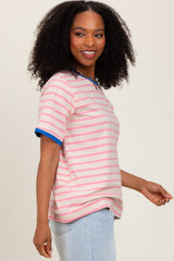 Pink Striped Contrast Trim Short Sleeve Tee